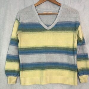 Ann Taylor LOFT Women Yellow Blue Striped Long Sleeve Sweater Blue Size S